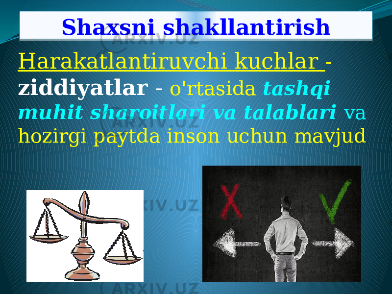 Shaxsni shakllantirish Harakatlantiruvchi kuchlar - ziddiyatlar - o&#39;rtasida tashqi muhit sharoitlari va talablari va hozirgi paytda inson uchun mavjud 011217 