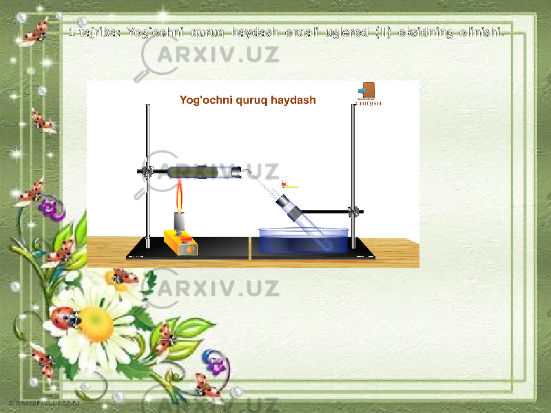 1-tajriba: Yog`ochni quruq haydash orqali uglerod (II) oksidning olinishi. 