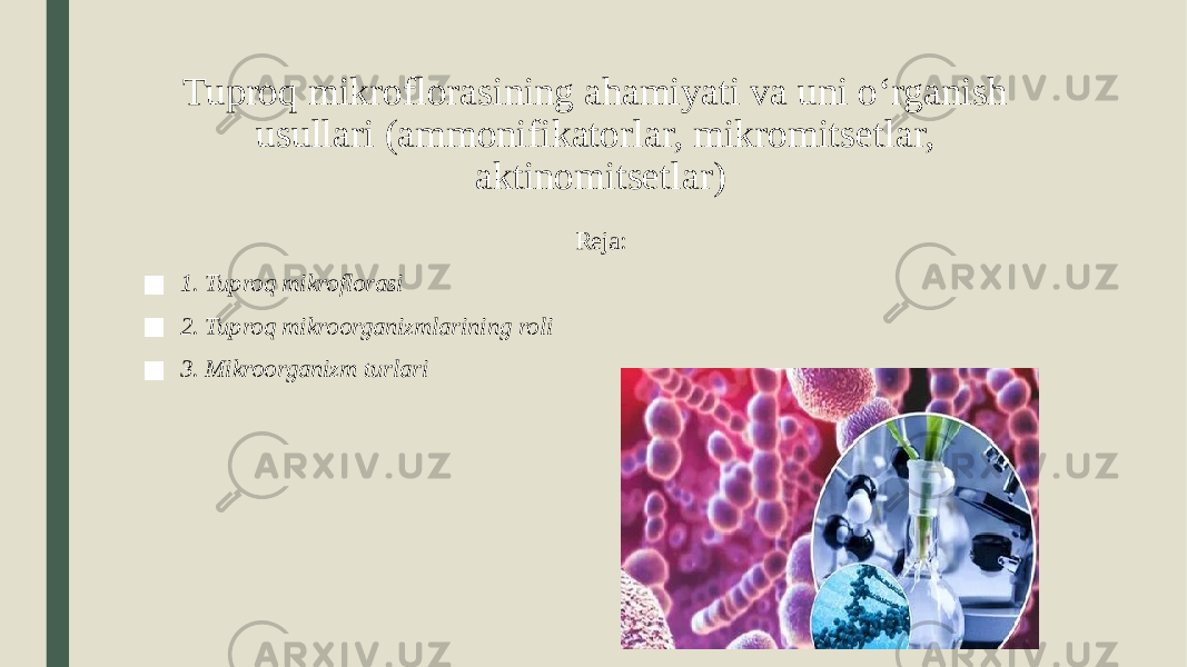 Tuproq mikroflorasining ahamiyati va uni o‘rganish usullari (ammonifikatorlar, mikromitsetlar, aktinomitsetlar) Reja: ■ 1. Tuproq mikroflorasi ■ 2. Tuproq mikroorganizmlarining roli ■ 3. Mikroorganizm turlari 