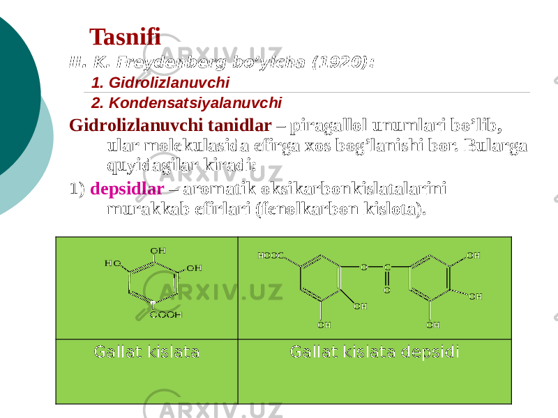 Tasnifi II. K. Freydenberg bo’yicha (1920): 1. Gidrolizlanuvchi 2. Kondеnsatsiyalanuvchi Gidrolizlanuvchi tanidlar – piragallol unumlari bo’lib, ular molеkulasida efirga xos bog’lanishi bor. Bularga quyidagilar kiradi: 1 ) depsidlar – aromatik oksikarbonkislatalarini murakkab efirlari (fenolkarbon kislota). Gallat kislata Gallat kislata depsidiO H O H H O C O O H HOOC OH OH O C O OH OH OH 