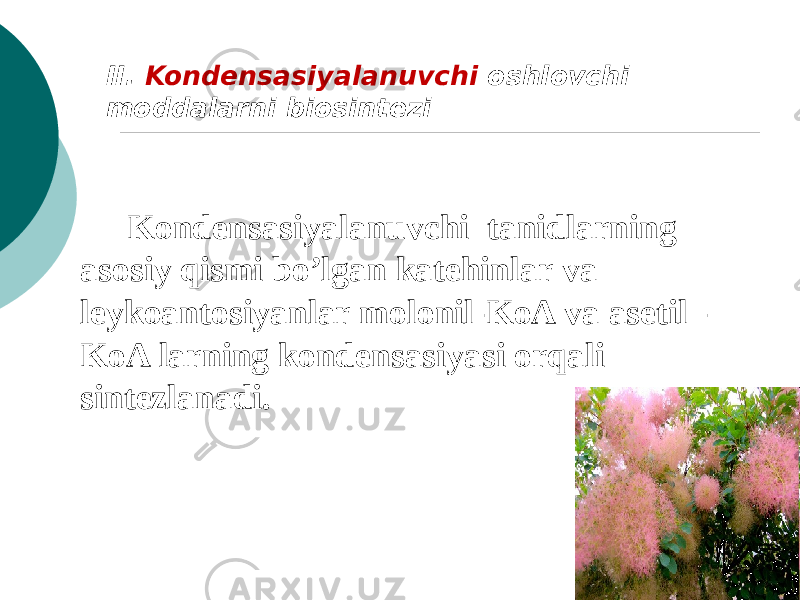 II. Kondеnsasiyalanuvchi oshlovchi moddalarni biosintеzi Kondensasiyalanuvchi tanidlarning asosiy qismi bo’lgan katehinlar va leykoantosiyanlar molonil-KoA va asetil - KoA larning kondensasiyasi orqali sintezlanadi. 