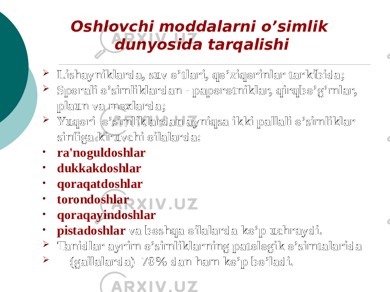 Oshlovchi moddalarni o’simlik dunyosida tarqalishi  Lishayniklarda, suv o’tlari, qo’ziqorinlar tarkibida;  Sporali o’simliklardan - paporotniklar, qirqbo’g’mlar, plaun va moxlarda;  Yuqori o’simliklardan ayniqsa ikki pallali o’simliklar sinfiga kiruvchi oilalarda: • ra&#39;noguldoshlar • dukkakdoshlar • qoraqatdoshlar • torondoshlar • qoraqayindoshlar • pistadoshlar va boshqa oilalarda ko’p uchraydi.  Tanidlar ayrim o’simliklarning patologik o’simtalarida  (gallalarda) 70% dan ham ko’p bo’ladi. 