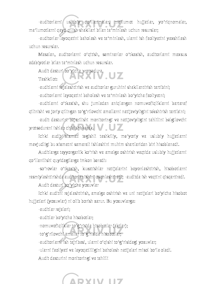 -auditorlarni uslubiy qo’llanmalar, ma’lumot hujjatlar, yo’riqnomalar, ma’lumotlarni qayd qilish shakllari bilan ta’minlash uchun resurslar; -auditorlar layoqatini baholash va ta’minlash, ularni ish faoliyatini yaxshilash uchun resurslar. Masalan, auditorlarni o’qitish, seminarlar o’tkazish, auditorlarni maxsus adabiyotlar bilan ta’minlash uchun resurslar. Audit dasturi bo’yicha protsedura. Tashkilot: -auditlarni rejalashtirish va auditorlar guruhini shakllantirish tartibini; -auditorlarni layoqatini baholash va ta’minlash bo’yicha faoliyatni; -auditlarni o’tkazish, shu jumladan aniqlangan nomuvofiqliklarni bartaraf qilinishi va joriy qilingan to’g’rilovchi amallarni natijaviyligini tekshirish tartibini; -audit dasturini bajarilishi monitoringi va natijaviyligini tahlilini belgilovchi protsedurani ishlab chiqishi kerak. Ichki audit xizmati tegishli tashkiliy, me’yoriy va uslubiy hujjatlarni mavjudligi bu xizmatni samarali ishlashini muhim shartlaridan biri hisoblanadi. Auditlarga tayyorgarlik ko’rish va amalga oshirish vaqtida uslubiy hujjatlarni qo’llanilishi quyidagilarga imkon beradi: -so’rovlar o’tkazish, kuzatishlar natijalarini bayonlashtirish, hisobotlarni rasmiylashtirishda auditorlar ishini osonlashtiradi; -auditda ish vaqtini qisqartiradi. Audit dasturi bo’yicha yozuvlar Ichki auditni rejalashtirish, amalga oshirish va uni natijalari bo’yicha hisobot hujjatlari (yozuvlar) ni olib borish zarur. Bu yozuvlarga: -auditlar rejalari; -auditlar bo’yicha hisobotlar; -nomuvofiqliklar to’g’risida hisobotlar (aktlar); -to’g’rilovchi amallar to’g’risida hisobotlar; -auditorlarni ish tajribasi, ularni o’qishi to’g’risidagi yozuvlar; -ularni faoliyati va layoqatliligini baholash natijalari misol bo’la oladi. Audit dasturini monitoringi va tahlili 