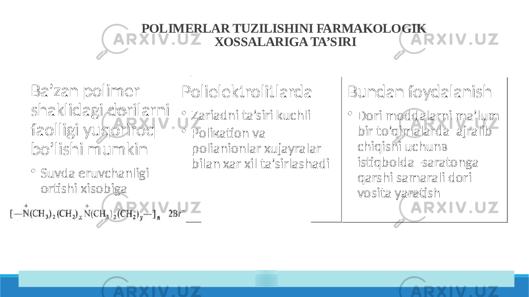 POLIMERLAR TUZILISHINI FARMAKOLOGIK XOSSALARIGA TA’SIRI Ba’zan polimer shaklidagi dorilarni faolligi yuqoriroq bo’lishi mumkin • Suvda eruvchanligi ortishi xisobiga Polielektrolitlarda • Zariadni ta’siri kuchli • Poliкаtion va poliаnionlar xujayralar bilan xar xil ta’sirlashadi Bundan foydalanish • Dori moddalarni ma’lum bir to’qimalarda ajralib chiqishi uchunв istiqbolda -saratonga qarshi samarali dori vosita yaratish29 2526 2B 1F 02 08 171C 16 02 54 02 16 30 1F 29 02 56 1F 3F26 19 2C 32 