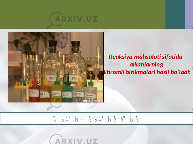 Reaksiya mahsuloti sifatida alkanlarning dibromli birikmalari hosil bo‘ladi: CH 2 CH 2 + Br 2 CH 2 Br CH 2 Br 