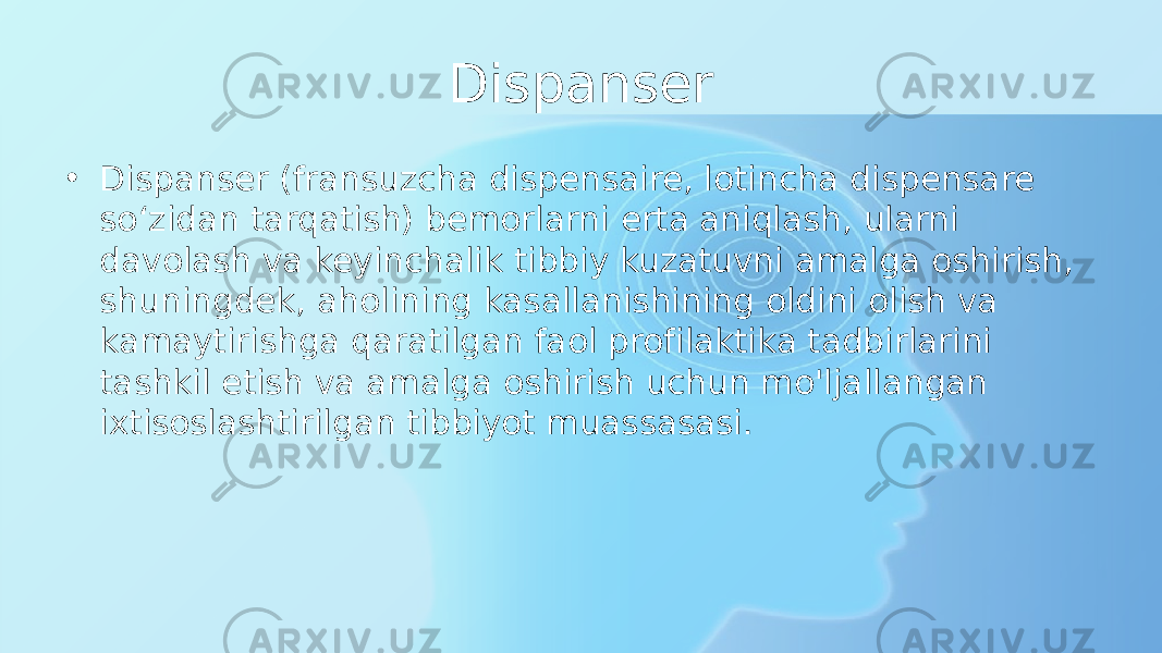 Dispanser • Dispanser (fransuzcha dispensaire, lotincha dispensare soʻzidan tarqatish) bemorlarni erta aniqlash, ularni davolash va keyinchalik tibbiy kuzatuvni amalga oshirish, shuningdek, aholining kasallanishining oldini olish va kamaytirishga qaratilgan faol profilaktika tadbirlarini tashkil etish va amalga oshirish uchun mo&#39;ljallangan ixtisoslashtirilgan tibbiyot muassasasi. 