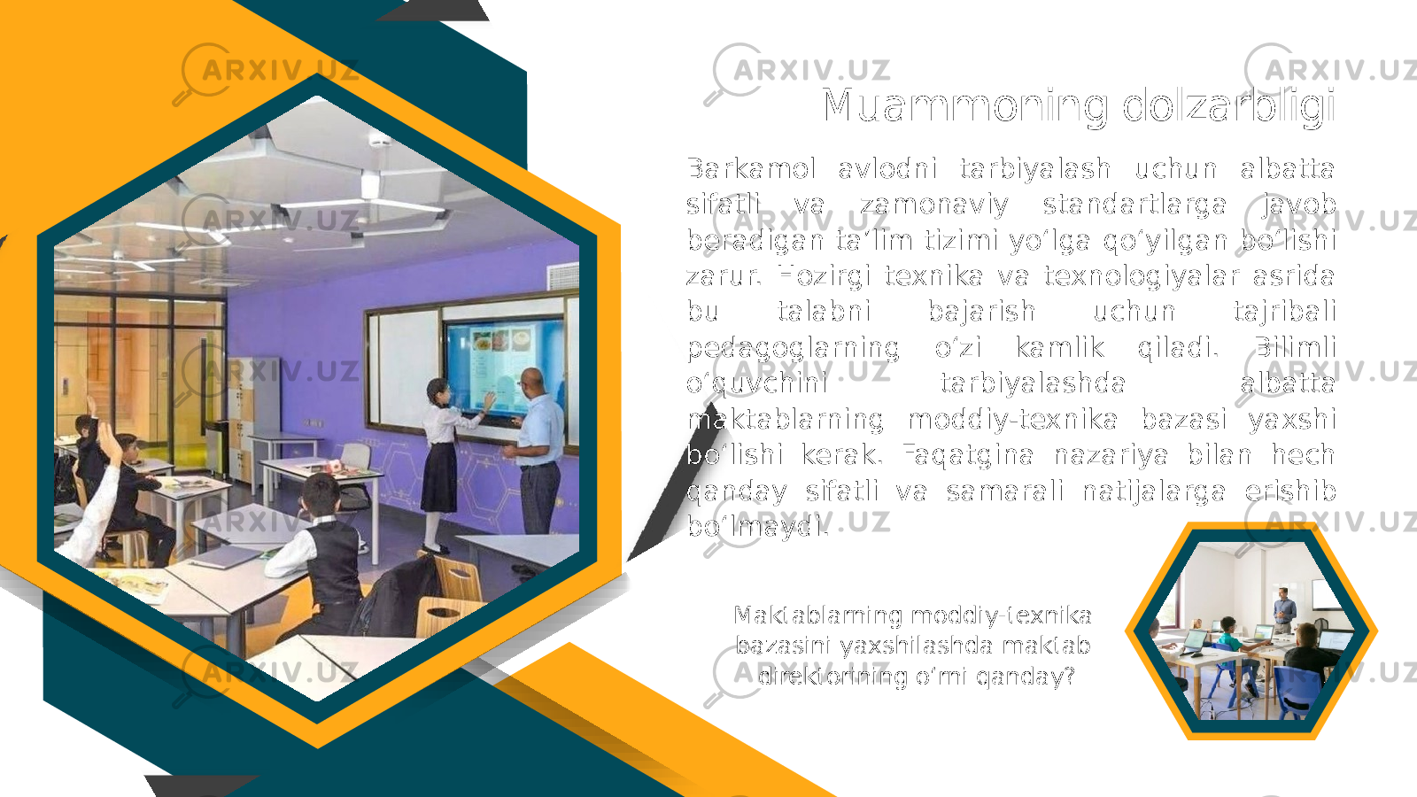 Barkamol avlodni tarbiyalash uchun albatta sifatli va zamonaviy standartlarga javob beradigan ta’lim tizimi yo‘lga qo‘yilgan bo‘lishi zarur. Hozirgi texnika va texnologiyalar asrida bu talabni bajarish uchun tajribali pedagoglarning o‘zi kamlik qiladi. Bilimli o‘quvchini tarbiyalashda albatta maktablarning moddiy-texnika bazasi yaxshi bo‘lishi kerak. Faqatgina nazariya bilan hech qanday sifatli va samarali natijalarga erishib bo‘lmaydi. Muammoning dolzarbligi Maktablarning moddiy-texnika bazasini yaxshilashda maktab direktorining o‘rni qanday? 