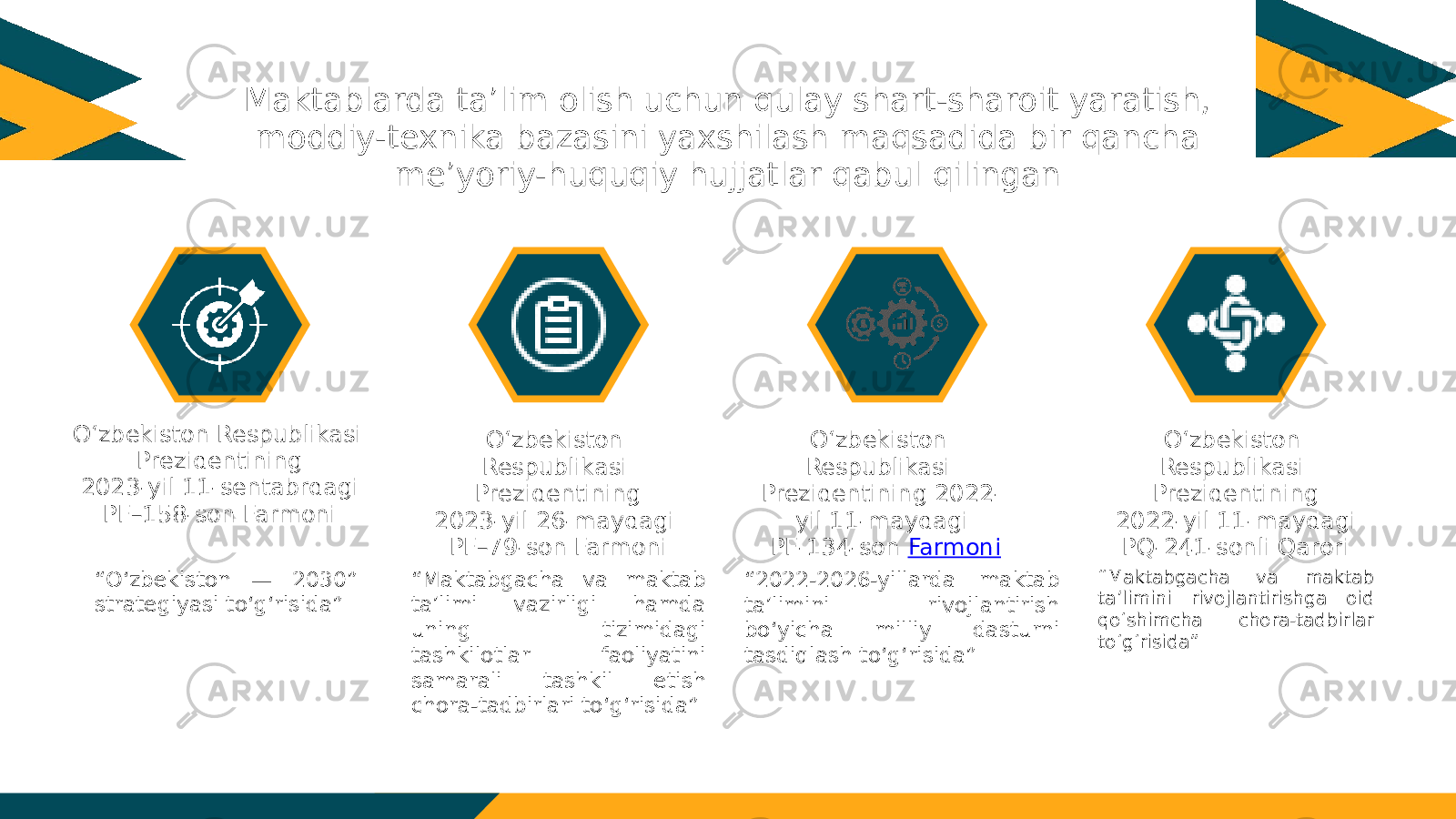 Maktablarda ta’lim olish uchun qulay shart-sharoit yaratish, moddiy-texnika bazasini yaxshilash maqsadida bir qancha me’yoriy-huquqiy hujjatlar qabul qilingan Oʻzbekiston Respublikasi Prezidentining 2023-yil 11-sentabrdagi PF–158-son Farmoni “ O‘zbekiston — 2030” strategiyasi to‘g‘risida” Oʻzbekiston Respublikasi Prezidentining 2023-yil 26-maydagi PF–79-son Farmoni “ Maktabgacha va maktab taʼlimi vazirligi hamda uning tizimidagi tashkilotlar faoliyatini samarali tashkil etish chora-tadbirlari toʻgʻrisida” O‘zbekiston Respublikasi Prezidentining 2022- yil 11-maydagi PF-134-son Farmoni “ 2022-2026-yillarda maktab ta’limini rivojlantirish bo‘yicha milliy dasturni tasdiqlash to‘g‘risida” O‘zbekiston Respublikasi Prezidentining 2022-yil 11-maydagi PQ-241-sonli Qarori “ Maktabgacha va maktab ta’limini rivojlantirishga oid qo‘shimcha chora-tadbirlar to‘g‘risida” 