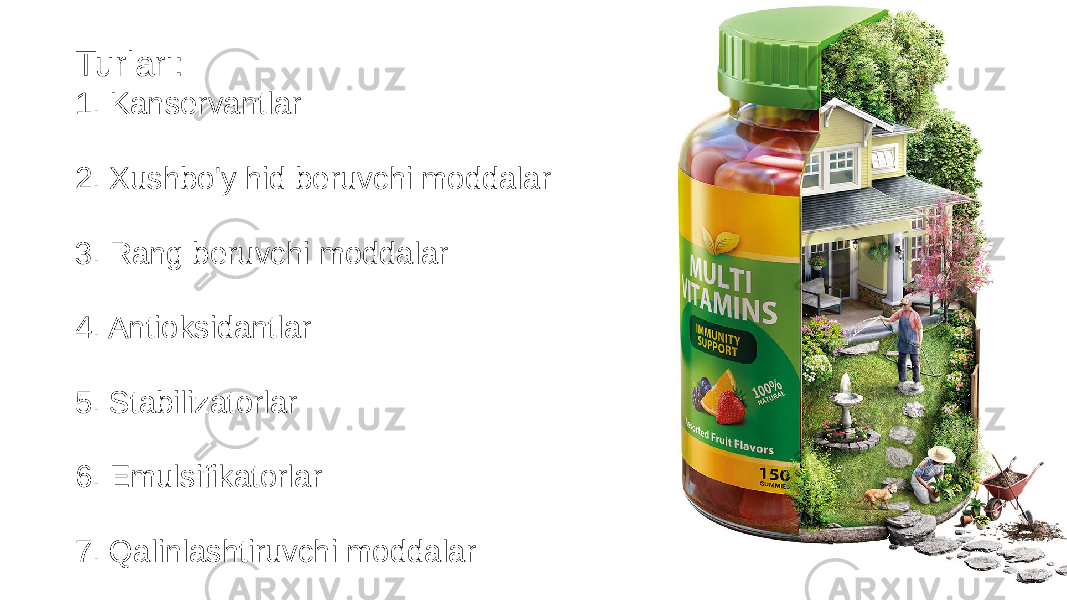 Turlari: 1. Kanservantlar 2. Xushbo&#39;y hid beruvchi moddalar 3. Rang beruvchi moddalar 4. Antioksidantlar 5. Stabilizatorlar 6. Emulsifikatorlar 7. Qalinlashtiruvchi moddalar 