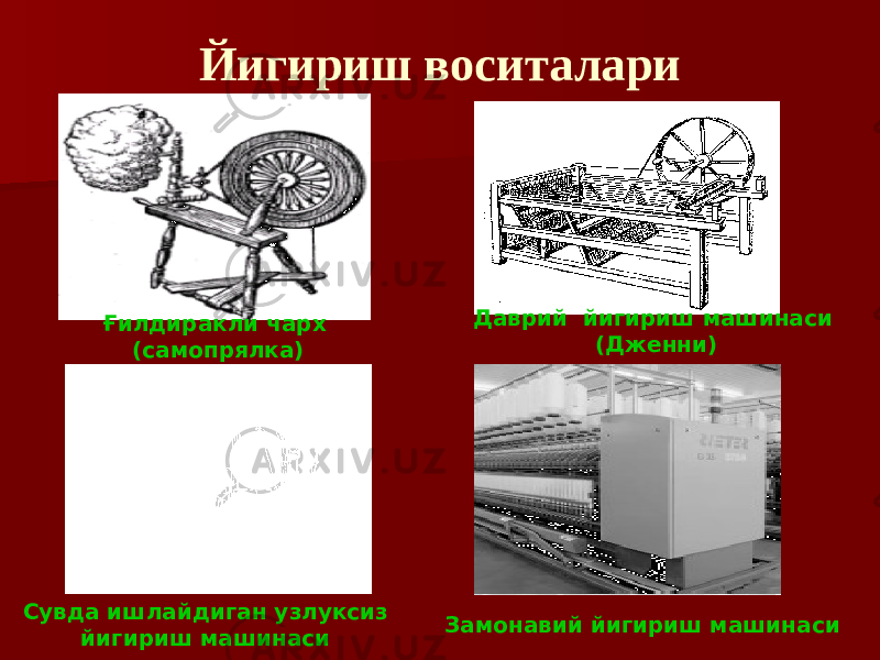 Йигириш воситалари Ғилдиракли чарх (самопрялка) Даврий йигириш машинаси (Дженни) Сувда ишлайдиган узлуксиз йигириш машинаси Замонавий йигириш машинаси 