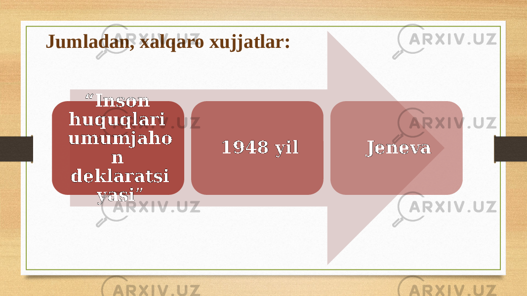 “ Inson huquqlari umumjaho n deklaratsi yasi ” 1948 yil JenevaJumladan, xalqaro xujjatlar: 