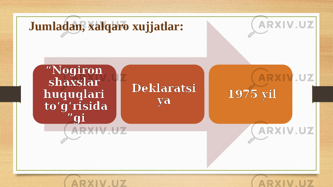 “ Nogiron shaxslar huquqlari to‘g‘risida ”gi Deklaratsi ya 1975 yilJumladan, xalqaro xujjatlar: 