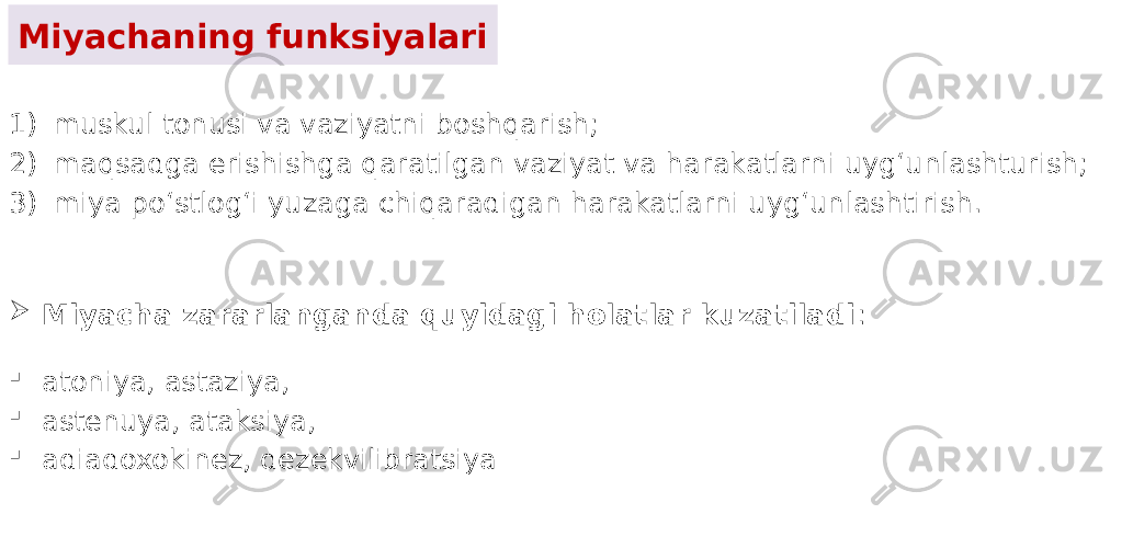 Miyachaning funksiyalari 1) muskul tonusi va vaziyatni boshqarish; 2) maqsadga erishishga qaratilgan vaziyat va harakatlarni uyg‘unlashturish; 3) miya po‘stlog‘i yuzaga chiqaradigan harakatlarni uyg‘unlashtirish.  Miyacha zararlanganda quyidagi holatlar kuzatiladi :  atoniya, astaziya,  astenuya, ataksiya,  adiadoxokinez, dezekvilibratsiya 