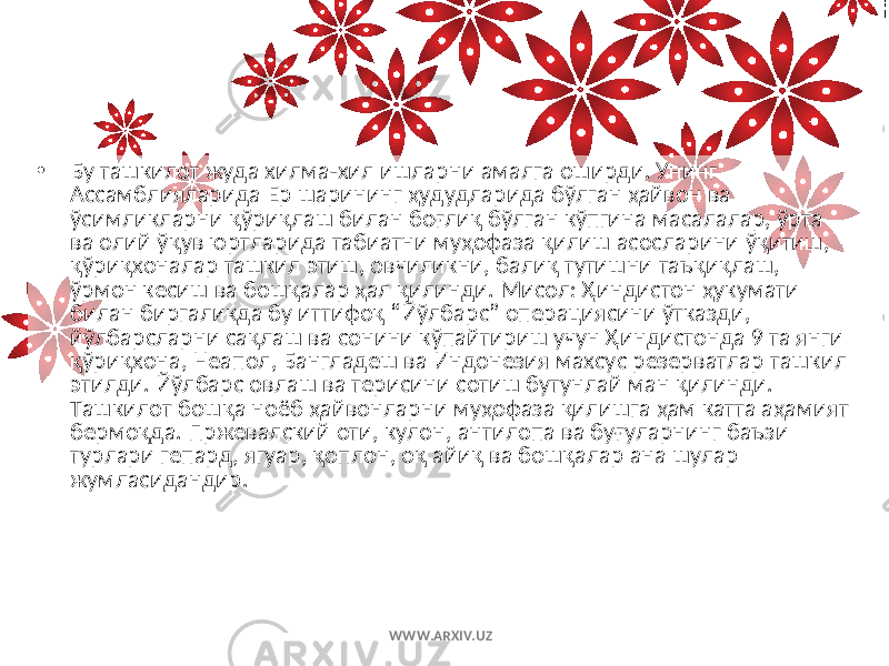 • Бу ташкилот жуда хилма-хил ишларни амалга оширди. Унинг Ассамблияларида Ер шарининг ҳудудларида бўлган ҳайвон ва ўсимликларни қўриқлаш билан боғлиқ бўлган кўпгина масалалар, ўрта ва олий ўқув юртларида табиатни муҳофаза қилиш асосларини ўқитиш, қўриқхоналар ташкил этиш, овчиликни, балиқ тутишни таъқиқлаш, ўрмон кесиш ва бошқалар ҳал қилинди. Мисол: Ҳиндистон ҳукумати билан биргаликда бу иттифоқ “Йўлбарс” операциясини ўтказди, йўлбарсларни сақлаш ва сонини кўпайтириш учун Ҳиндистонда 9 та янги қўриқхона, Неапол, Бангладеш ва Индонезия махсус резерватлар ташкил этилди. Йўлбарс овлаш ва терисини сотиш бутунлай ман қилинди. Ташкилот бошқа ноёб ҳайвонларни муҳофаза қилишга ҳам катта аҳамият бермоқда. Пржевалский оти, кулон, антилопа ва буғуларнинг баъзи турлари гепард, ягуар, қоплон, оқ айиқ ва бошқалар ана шулар жумласидандир. WWW.ARXIV.UZ 