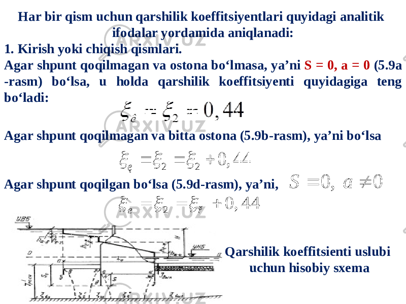 Har bir qism uchun qarshilik koeffitsiyentlari quyidagi analitik ifodalar yordamida aniqlanadi: 1. Kirish yoki chiqish qismlari. Agar shpunt qoqilmagan va ostona bo‘lmasa, ya’ni S = 0, a = 0 (5.9a -rasm) bo‘lsa, u holda qarshilik koeffitsiyenti quyidagiga teng bo‘ladi: Agar shpunt qoqilmagan va bitta ostona (5.9b-rasm), ya’ni bo‘lsa Agar shpunt qoqilgan bo‘lsa (5.9d-rasm), ya’ni, 2 2 0, 44 ę       0, 0 S a   2 0, 44 ę ř       Qarshilik koeffitsienti uslubi uchun hisobiy sxema 