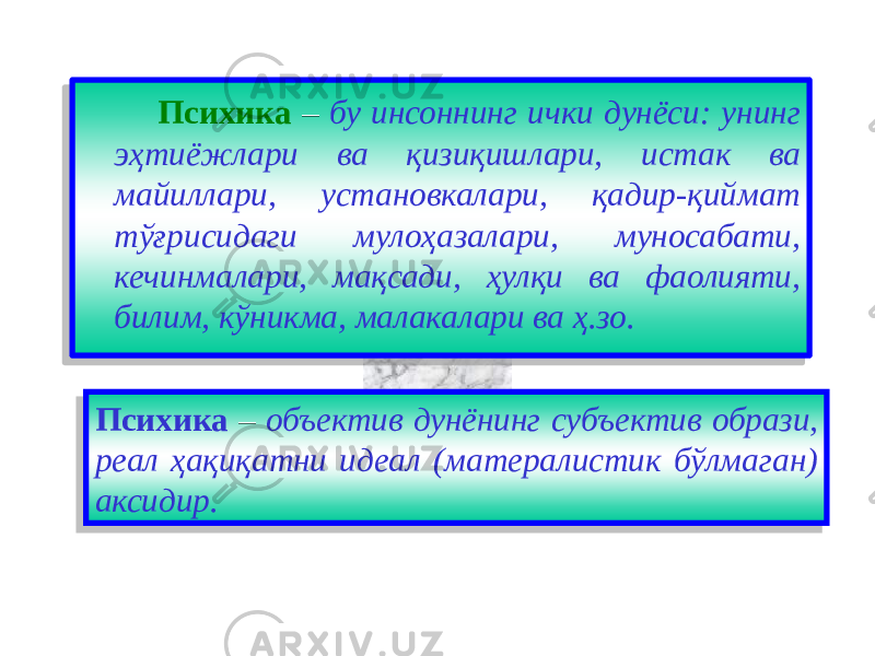 Психика – бу инсоннинг ички дунёси: унинг эҳтиёжлари ва қизиқишлари, истак ва майиллари, установкалари, қадир-қиймат тўғрисидаги мулоҳазалари, муносабати, кечинмалари, мақсади, ҳулқи ва фаолияти, билим, кўникма, малакалари ва ҳ.зо. Психика – объектив дунёнинг субъектив образи, реал ҳақиқатни идеал (матералистик бўлмаган) аксидир. 15 01 11 28 100F 06 0B 11 15 01 08 0705 0F0B 