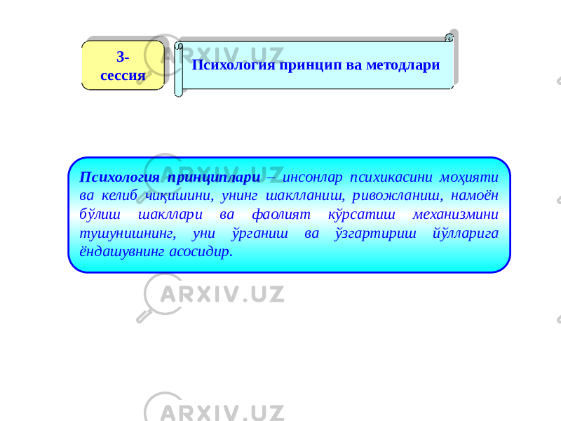 3- сессия Психология принцип ва методлари Психология принциплари – инсонлар психикасини моҳияти ва келиб чиқишини, унинг шаклланиш, ривожланиш, намоён бўлиш шакллари ва фаолият кўрсатиш механизмини тушунишнинг, уни ўрганиш ва ўзгартириш йўлларига ёндашувнинг асосидир.541A 0D 15 