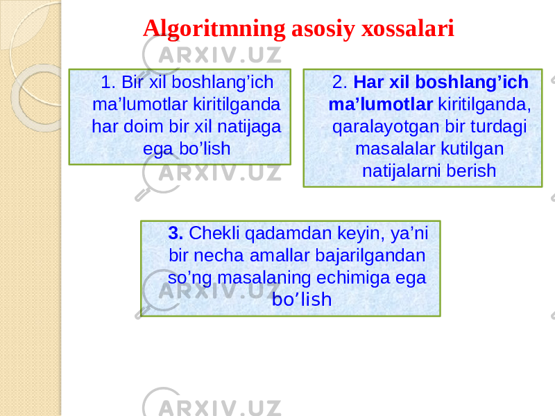 Algorit m ning asos i y xossa l ari 1. Bi r x i l boshlang’ich ma’lumotla r kiritilganda ha r doi m bi r x i l natijaga eg a bo’lish 2. Ha r xi l b o shlang’ i ch ma’lumot l a r kiritilganda, qarala y otga n bi r turdagi masalala r kutilgan natijalarn i berish 3. Chekl i qadamda n ke y in, y a’ni bi r nech a amalla r bajarilgandan so’n g masalanin g echimig a ega bo’lish 