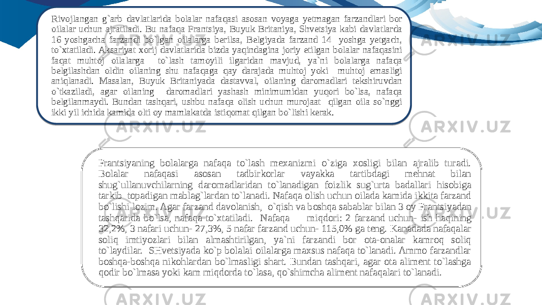 Rivojlangan g`arb davlatlarida bolalar nafaqasi asosan voyaga yetmagan farzandlari bor oilalar uchun ajratiladi. Bu nafaqa Frantsiya, Buyuk Britaniya, Shvetsiya kabi davlatlarda 16 yoshgacha farzandi bo`lgan oilalarga berilsa, Belgiyada farzand 14 yoshga yetgach, to`xtatiladi. Aksariyat xorij davlatlarida bizda yaqindagina joriy etilgan bolalar nafaqasini faqat muhtoj oilalarga to`lash tamoyili ilgaridan mavjud, ya`ni bolalarga nafaqa belgilashdan oldin oilaning shu nafaqaga qay darajada muhtoj yoki muhtoj emasligi aniqlanadi. Masalan, Buyuk Britaniyada dastavval, oilaning daromadlari tekshiruvdan o`tkaziladi, agar oilaning daromadlari yashash minimumidan yuqori bo`lsa, nafaqa belgilanmaydi. Bundan tashqari, ushbu nafaqa olish uchun murojaat qilgan oila so`nggi ikki yil ichida kamida olti oy mamlakatda istiqomat qilgan bo`lishi kerak. Frantsiyaning bolalarga nafaqa to`lash mexanizmi o`ziga xosligi bilan ajralib turadi. Bolalar nafaqasi asosan tadbirkorlar vayakka tartibdagi mehnat bilan shug`ullanuvchilarning daromadlaridan to`lanadigan foizlik sug`urta badallari hisobiga tarkib topadigan mablag`lardan to`lanadi. Nafaqa olish uchun oilada kamida ikkita farzand bo`lishi lozim. Agar farzand davolanish, o`qish va boshqa sabablar bilan 3 oy Frantsiyadan tashqarida bo`lsa, nafaqa to`xtatiladi. Nafaqa miqdori: 2 farzand uchun- ish haqining 32,2%, 3 nafari uchun- 27,3%, 5 nafar farzand uchun- 115,0% ga teng. Kanadada nafaqalar soliq imtiyozlari bilan almashtirilgan, ya`ni farzandi bor ota-onalar kamroq soliq to`laydilar. SHvetsiyada ko`p bolalai oilalarga maxsus nafaqa to`lanadi. Ammo farzandlar boshqa-boshqa nikohlardan bo`lmasligi shart. Bundan tashqari, agar ota aliment to`lashga qodir bo`lmasa yoki kam miqdorda to`lasa, qo`shimcha aliment nafaqalari to`lanadi.11 02 39 08 1A 1C 0E 02 1C 09 