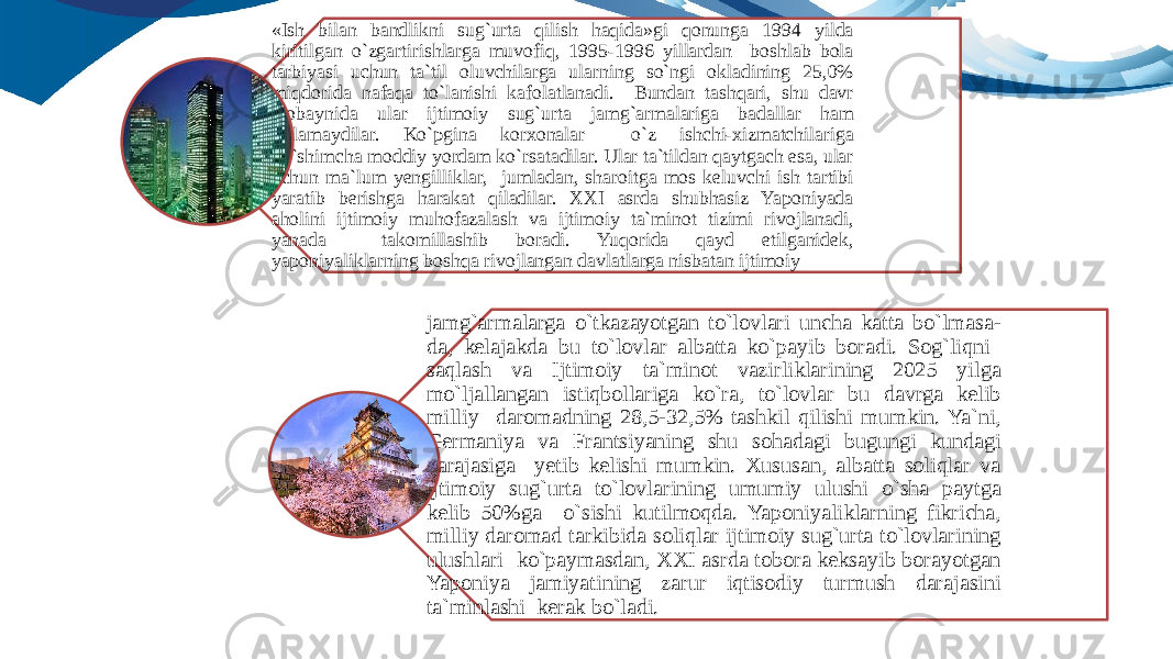 «Ish bilan bandlikni sug`urta qilish haqida»gi qonunga 1994 yilda kiritilgan o`zgartirishlarga muvofiq, 1995-1996 yillardan boshlab bola tarbiyasi uchun ta`til oluvchilarga ularning so`ngi okladining 25,0% miqdorida nafaqa to`lanishi kafolatlanadi. Bundan tashqari, shu davr mobaynida ular ijtimoiy sug`urta jamg`armalariga badallar ham to`lamaydilar. Ko`pgina korxonalar o`z ishchi-xizmatchilariga qo`shimcha moddiy yordam ko`rsatadilar. Ular ta`tildan qaytgach esa, ular uchun ma`lum yengilliklar, jumladan, sharoitga mos keluvchi ish tartibi yaratib berishga harakat qiladilar. XXI asrda shubhasiz Yaponiyada aholini ijtimoiy muhofazalash va ijtimoiy ta`minot tizimi rivojlanadi, yanada takomillashib boradi. Yuqorida qayd etilganidek, yaponiyaliklarning boshqa rivojlangan davlatlarga nisbatan ijtimoiy jamg`armalarga o`tkazayotgan to`lovlari uncha katta bo`lmasa- da, kelajakda bu to`lovlar albatta ko`payib boradi. Sog`liqni saqlash va Ijtimoiy ta`minot vazirliklarining 2025 yilga mo`ljallangan istiqbollariga ko`ra, to`lovlar bu davrga kelib milliy daromadning 28,5-32,5% tashkil qilishi mumkin. Ya`ni, Germaniya va Frantsiyaning shu sohadagi bugungi kundagi darajasiga yetib kelishi mumkin. Xususan, albatta soliqlar va ijtimoiy sug`urta to`lovlarining umumiy ulushi o`sha paytga kelib 50%ga o`sishi kutilmoqda. Yaponiyaliklarning fikricha, milliy daromad tarkibida soliqlar ijtimoiy sug`urta to`lovlarining ulushlari ko`paymasdan, XXI asrda tobora keksayib borayotgan Yaponiya jamiyatining zarur iqtisodiy turmush darajasini ta`minlashi kerak bo`ladi. 