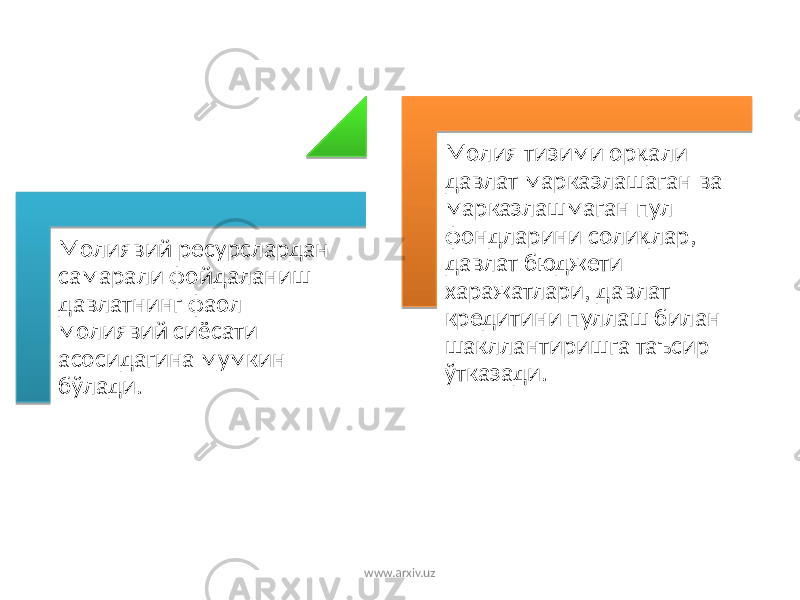 Молиявий ресурслардан самарали фойдаланиш давлатнинг фаол молиявий сиёсати асосидагина мумкин бўлади. Молия тизими орқали давлат марказлашаган ва марказлашмаган пул фондларини солиқлар, давлат бюджети харажатлари, давлат кредитини пуллаш билан шакллантиришга таъсир ўтказади. www.arxiv.uz 