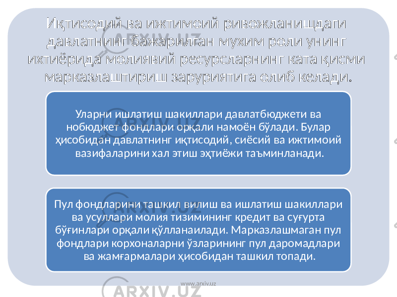 Иқтисодий ва ижтимоий ривожланишдаги давлатнинг бажарилган мухим роли унинг ихтиёрида молиявий ресурсларнинг ката қисми марказлаштириш заруриятига олиб келади. Уларни ишлатиш шакиллари давлатбюджети ва нобюджет фондлари орқали намоён бўлади. Булар ҳисобидан давлатнинг иқтисодий, сиёсий ва ижтимоий вазифаларини хал этиш эҳтиёжи таъминланади. Пул фондларини ташкил вилиш ва ишлатиш шакиллари ва усуллари молия тизимининг кредит ва суғурта бўғинлари орқали қўлланаилади. Марказлашмаган пул фондлари корхоналарни ўзларининг пул даромадлари ва жамғармалари ҳисобидан ташкил топади. www.arxiv.uz 