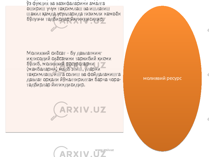 Молиявий сиёсат – бу молиявий ресурсларни жамлаш, уларни давлатнинг ўз фукция ва вазифаларини амалга ошириш учун тақсимлаш ва ишлатиш шакил ҳамда усулларида тизимли намоён бўлувчи тадбирлар йиғиндисидир. Молиявий сиёсат – бу давлатнинг иқтисодий сиёсатини таркибий қисми бўлиб, молиявий ресурсларни (манбаларни) жалб этиш, уларни тақсимлаш, ишга солиш ва фойдаланишга давлат орқали йўналтирилган барча чора- тадбирлар йиғиндисидир. молиявий ресурс www.arxiv.uz 36 0C 2B 15120B 120E 1D 36 0B 1D 43 11 1E 11 0D 