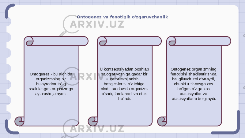 Ontogenez va fenotipik o&#39;zgaruvchanlik Ontogenez - bu alohida organizmning bir hujayradan to&#39;liq shakllangan organizmga aylanishi jarayoni. U kontseptsiyadan boshlab balog&#39;at yoshiga qadar bir qator rivojlanish bosqichlarini o&#39;z ichiga oladi, bu davrda organizm o&#39;sadi, farqlanadi va etuk bo&#39;ladi. Ontogenez organizmning fenotipini shakllantirishda hal qiluvchi rol o&#39;ynaydi, chunki u shaxsga xos bo&#39;lgan o&#39;ziga xos xususiyatlar va xususiyatlarni belgilaydi. 