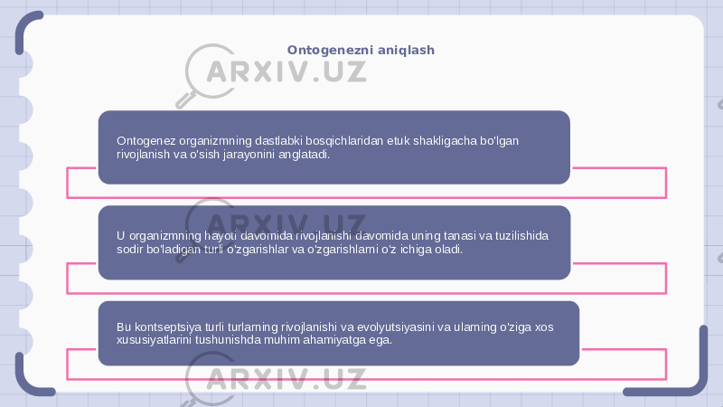 Ontogenezni aniqlash Ontogenez organizmning dastlabki bosqichlaridan etuk shakligacha bo&#39;lgan rivojlanish va o&#39;sish jarayonini anglatadi. U organizmning hayoti davomida rivojlanishi davomida uning tanasi va tuzilishida sodir bo&#39;ladigan turli o&#39;zgarishlar va o&#39;zgarishlarni o&#39;z ichiga oladi. Bu kontseptsiya turli turlarning rivojlanishi va evolyutsiyasini va ularning o&#39;ziga xos xususiyatlarini tushunishda muhim ahamiyatga ega. 