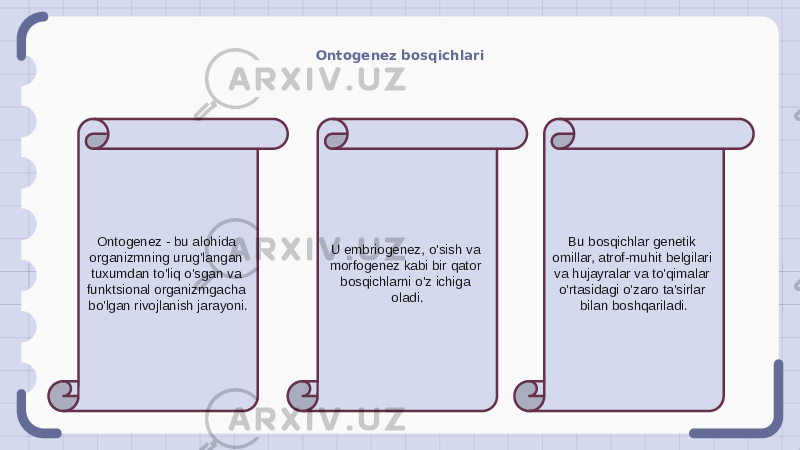 Ontogenez bosqichlari Ontogenez - bu alohida organizmning urug&#39;langan tuxumdan to&#39;liq o&#39;sgan va funktsional organizmgacha bo&#39;lgan rivojlanish jarayoni. U embriogenez, o&#39;sish va morfogenez kabi bir qator bosqichlarni o&#39;z ichiga oladi. Bu bosqichlar genetik omillar, atrof-muhit belgilari va hujayralar va to&#39;qimalar o&#39;rtasidagi o&#39;zaro ta&#39;sirlar bilan boshqariladi. 