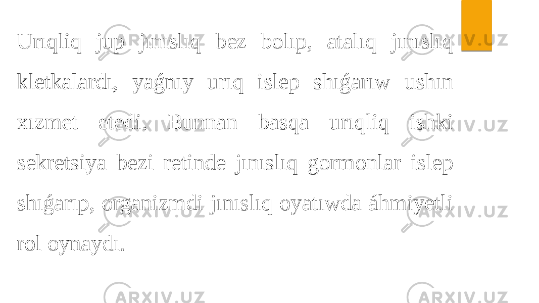 Urıqliq jup jınıslıq bez bolıp, atalıq jınıslıq kletkalardı, yaǵnıy urıq islep shıǵarıw ushın xızmet etedi. Bunnan basqa urıqliq ishki sekretsiya bezi retinde jınıslıq gormonlar islep shıǵarıp, organizmdi jınıslıq oyatıwda áhmiyetli rol oynaydı. 