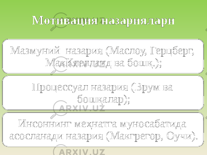 Мотивация назариялари Мазмуний назария (Маслоу, Герцберг, МакКлелланд ва бошқ.); Процессуал назария (Врум ва бошқалар); Инсоннинг меҳнатга муносабатида асосланади назария (Макгрегор, Оучи). 