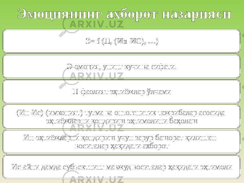 Эмоциянинг ахборот назарияси Э= f (П, (Ин-ИС), …) Э-эмоция, унинг кучи ва сифати. П-фаолият зҳтиёжлар ўлчами (Ин-Ис)-(имконият) туғма ва онтогенитик тажрибалар асосида эҳтиёжларни қондириш эҳтимолини баҳолаш Ин-эҳтиёжларни қондириш учун зарур башорат қилинган воситалар ҳақидаги ахборот Ис-айни дамда субъектнинг мавжуд воситалар ҳақидаги эҳтимоли 