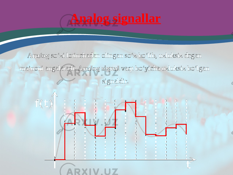 Analog signallar Analog soʻzi lotinchadan olingan soʻz boʻlib, uzluksiz degan maʼnoni angalatadi. Analog signal vaqt boʻyicha uzluksiz boʻlgan signaldir. 