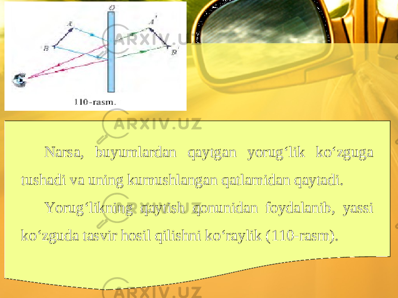 Narsa, buyumlardan qaytgan yorug‘lik ko‘zguga tushadi va uning kumushlangan qatlamidan qaytadi. Yorug‘likning qaytish qonunidan foydalanib, yassi ko‘zguda tasvir hosil qilishni ko‘raylik (110-rasm). 