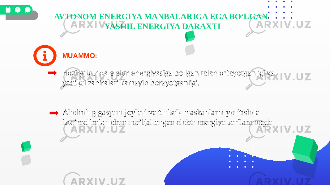 AVTONOM ENERGIYA MANBALARIGA EGA BO‘LGAN YASHIL ENERGIYA DARAXTI MUAMMO: Hozirgi kunda elektr energiyasiga bo&#39;lgan talab ortayotganligi va yoqilg&#39;i zahiralari kamayib borayotganligi. Aholining gavjum joylari va turistik maskanlarni yoritishda iste’molimiz uchun mo’ljallangan elektr energiya sarflanmoqda. 