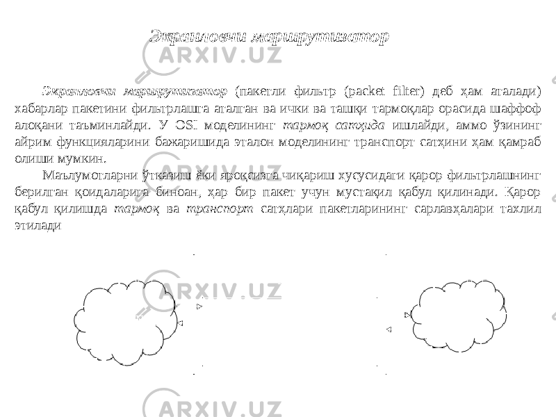 Экранловчи маршрутизатор (пакетли фильтр (packet filter) деб ҳам аталади) хабарлар пакетини фильтрлашга аталган ва ички ва ташқи тармоқлар орасида шаффоф алоқани таъминлайди. У OSI моделининг тармоқ сатҳида ишлайди, аммо ўзининг айрим функцияларини бажаришида эталон моделининг транспорт сатҳини ҳам қамраб олиши мумкин. Маълумотларни ўтказиш ёки яроқсизга чиқариш хусусидаги қарор фильтрлашнинг берилган қоидаларига биноан, ҳар бир пакет учун мустақил қабул қилинади. Қарор қабул қилишда тармоқ ва транспорт сатҳлари пакетларининг сарлавҳалари тахлил этилади Экранловчи маршрутизатор 