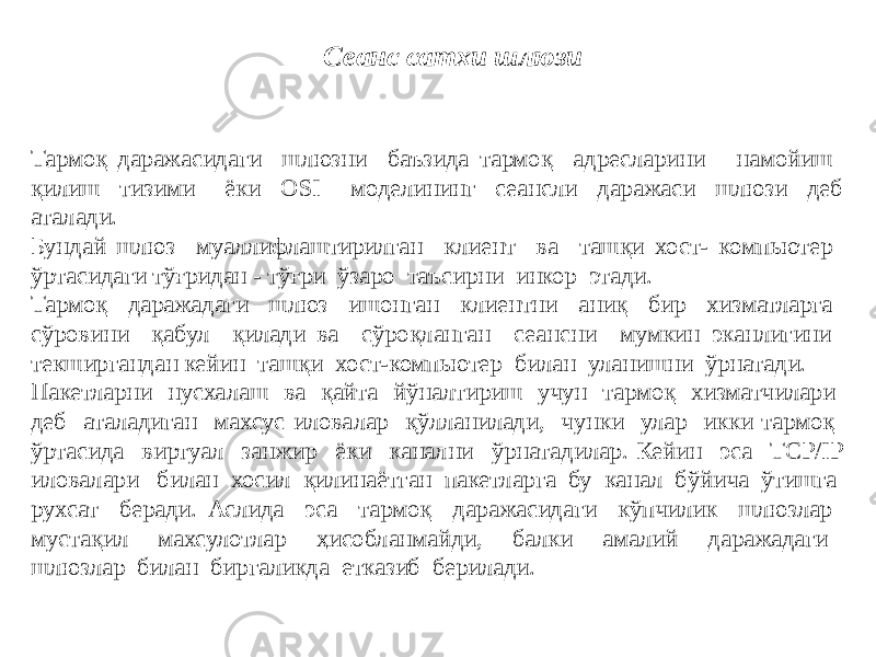 Тармоқ даражасидаги шлюзни баъзида тармоқ адресларини намойиш қилиш тизими ёки OSI моделининг сеансли даражаси шлюзи деб аталади. Бундай шлюз муаллифлаштирилган клиент ва ташқи хост- компьютер ўртасидаги тўғридан - тўғри ўзаро таъсирни инкор этади. Тармоқ даражадаги шлюз ишонган клиентни аниқ бир хизматларга сўровини қабул қилади ва сўроқланган сеансни мумкин эканлигини текширгандан кейин ташқи хост-компьютер билан уланишни ўрнатади. Пакетларни нусхалаш ва қайта йўналтириш учун тармоқ хизматчилари деб аталадиган махсус иловалар қўлланилади, чунки улар икки тармоқ ўртасида виртуал занжир ёки канални ўрнатадилар. Кейин эса TCP/IP иловалари билан хосил қилинаётган пакетларга бу канал бўйича ўтишга рухсат беради. Аслида эса тармоқ даражасидаги кўпчилик шлюзлар мустақил махсулотлар ҳисобланмайди, балки амалий даражадаги шлюзлар билан биргаликда етказиб берилади. Сеанс сатхи шлюзи 