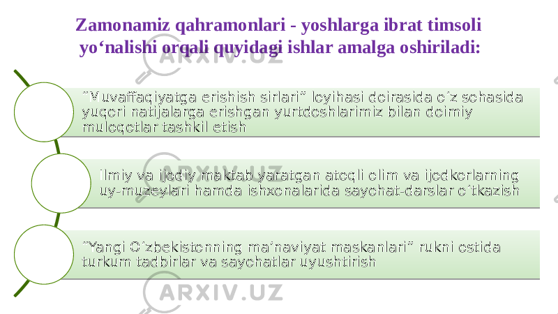 Zamonamiz qahramonlari - yoshlarga ibrat timsoli yo‘nalishi orqali quyidagi ishlar amalga oshiriladi: “ Muvaffaqiyatga erishish sirlari” loyihasi doirasida o‘z sohasida yuqori natijalarga erishgan yurtdoshlarimiz bilan doimiy muloqotlar tashkil etish Ilmiy va ijodiy maktab yaratgan atoqli olim va ijodkorlarning uy-muzeylari hamda ishxonalarida sayohat-darslar o‘tkazish “ Yangi O‘zbekistonning ma’naviyat maskanlari” rukni ostida turkum tadbirlar va sayohatlar uyushtirish01 2A 17 11 2E1911 1417 01 2F 0A 