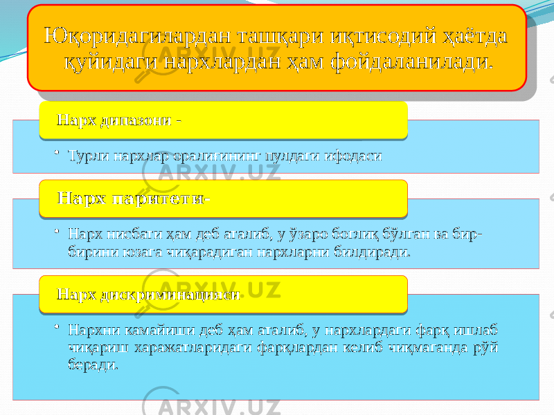 • Турли нархлар оралиғининг пулдаги ифодасиНарх дипазони - • Нарх нисбати ҳам деб аталиб, у ўзаро боглиқ бўлган ва бир- бирини юзага чиқарадиган нархларни билдиради. Нарх паритети- • Нархни камайиши деб ҳам аталиб, у нархлардаги фарқ ишлаб чиқариш харажатларидаги фарқлардан келиб чиқмаганда рўй беради.Нарх дискриминациясиЮқоридагилардан ташқари иқтисодий ҳаётда қуйидаги нархлардан ҳам фойдаланилади. 10021B 0825 0203 10021B 3F 23 