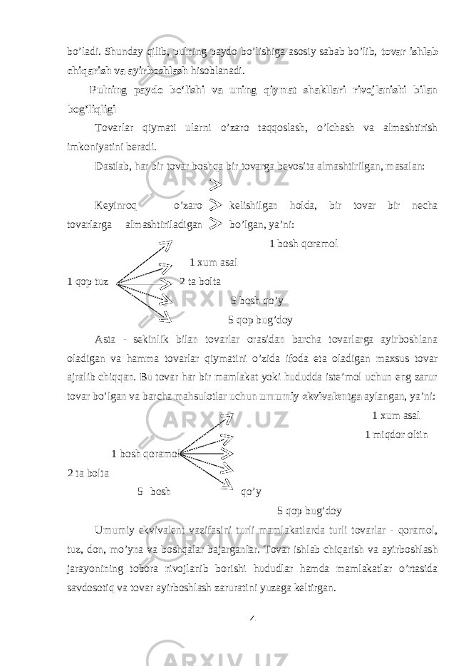 bo’ladi. Shunday qilib, pulning paydo bo’lishiga asosiy sabab bo’lib, tovar ishlab chiqarish va ayirboshlash hisoblanadi. Pulning paydo bo’lishi va uning qiymat shakllari rivojlanishi bilan bog’liqligi Tovarlar qiymati ularni o’zaro taqqoslash, o’lchash va almashtirish imkoniyatini beradi. Dastlab, har bir tovar boshqa bir tovarga bevosita almashtirilgan, masalan: Keyinroq o’zaro kelishilgan holda, bir tovar bir necha tovarlarga almashtiriladigan bo’lgan, ya’ni: 1 bosh qoramol 1 xum asal 1 qop tuz 2 ta bolta 5 bosh qo’y 5 qop bug’doy Asta - sekinlik bilan tovarlar orasidan barcha tovarlarga ayirboshlana oladigan va hamma tovarlar qiymatini o’zida ifoda eta oladigan maxsus tovar ajralib chiqqan. Bu tovar har bir mamlakat yoki hududda iste’mol uchun eng zarur tovar bo’lgan va barcha mahsulotlar uchun umumiy ekvivalentga aylangan, ya’ni: 1 xum asal 1 miqdor oltin 1 bosh qoramol 2 ta bolta 5 bosh qo’y 5 qop bug’doy Umumiy ekvivalent vazifasini turli mamlakatlarda turli tovarlar - qoramol, tuz, don, mo’yna va boshqalar bajarganlar. Tovar ishlab chiqarish va ayirboshlash jarayonining tobora rivojlanib borishi hududlar hamda mamlakatlar o’rtasida savdosotiq va tovar ayirboshlash zaruratini yuzaga keltirgan. 4 