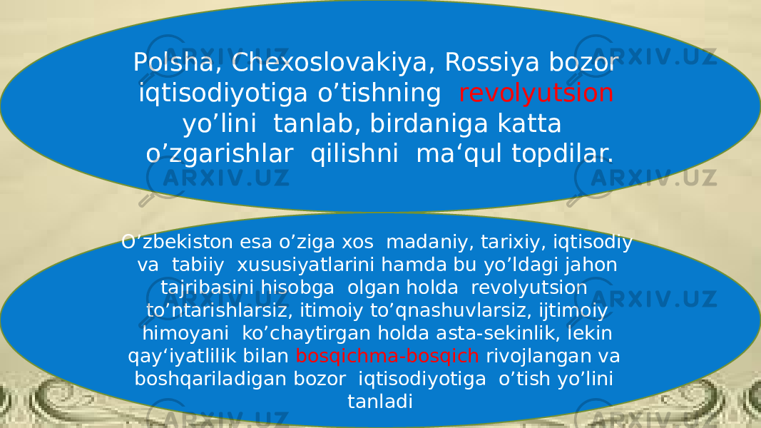 Polsha, Chexoslovakiya, Rossiya bozor iqtisodiyotiga o’tishning revolyutsion yo’lini tanlab, birdaniga katta o’zgarishlar qilishni ma‘qul topdilar. O’zbekiston esa o’ziga xos madaniy, tarixiy, iqtisodiy va tabiiy xususiyatlarini hamda bu yo’ldagi jahon tajribasini hisobga olgan holda revolyutsion to’ntarishlarsiz, itimoiy to’qnashuvlarsiz, ijtimoiy himoyani ko’chaytirgan holda asta-sekinlik, lekin qay‘iyatlilik bilan bosqichma-bosqich rivojlangan va boshqariladigan bozor iqtisodiyotiga o’tish yo’lini tanladi 