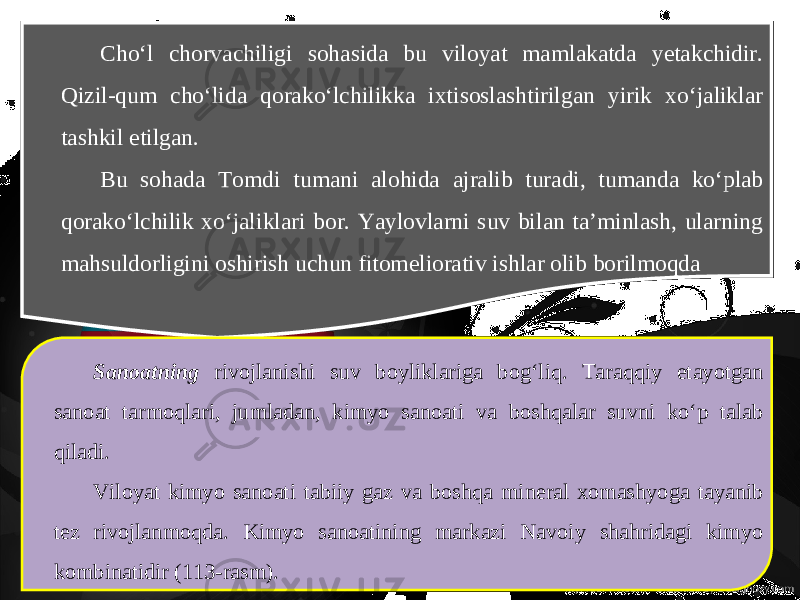 Cho‘l chorvachiligi sohasida bu viloyat mamlakatda yetakchidir. Qizil-qum cho‘lida qorako‘lchilikka ixtisoslashtirilgan yirik xo‘jaliklar tashkil etilgan. Bu sohada Tomdi tumani alohida ajralib turadi, tumanda ko‘plab qorako‘lchilik xo‘jaliklari bor. Yaylovlarni suv bilan ta’minlash, ularning mahsuldorligini oshirish uchun fitomeliorativ ishlar olib borilmoqda Sanoatning rivojlanishi suv boyliklariga bog‘liq. Taraqqiy etayotgan sanoat tarmoqlari, jumladan, kimyo sanoati va boshqalar suvni ko‘p talab qiladi. Viloyat kimyo sanoati tabiiy gaz va boshqa mineral xomashyoga tayanib tez rivojlanmoqda. Kimyo sanoatining markazi Navoiy shahridagi kimyo kombinatidir (113-rasm). 