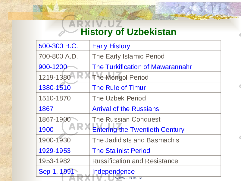 History of Uzbekistan 500-300 B.C. Early History 700-800 A.D. The Early Islamic Period 900-1200 The Turkification of Mawarannahr 1219-1380 The Mongol Period 1380-1510 The Rule of Timur 1510-1870 The Uzbek Period 1867 Arrival of the Russians 1867-1900 The Russian Conquest 1900 Entering the Twentieth Century 1900-1930 The Jadidists and Basmachis 1929-1953 The Stalinist Period 1953-1982 Russification and Resistance Sep 1, 1991 Independence www.arxiv.uz 