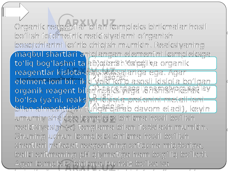 Uningezgulikasosigaqurilganidealdavlattuzumiquyidagifazilatlargaeg abo’lishilozim: 1) donishmandlik; 2) jasorat; 3) harishdaoqiloname’yornisaqlay bilish; 4) adolat.Organik reagentlar bilan kompleks birikmalar hosil bo‘lish fotometrik reaktsiyalarni o‘rganish bosqichlarini ko‘rib chiqish mumkin. Reaksiyaning maqbul shartlari aniqlangan elementni kompleksga to‘liq bog‘lashni talab qiladi. Ko‘pgina organik reagentlar kislota-asos xossalariga ega. Agar element ioni bir, ikki yoki ko‘p asosli kislota bo‘lgan organik reagent bilan reaksiyaga kirishishi kerak bo‘lsa (ya’ni, reaksiya kislota protonini metall ioni bilan almashtirish turiga qarab davom etadi), keyin umumiy shaklda kompleks birikma hosil bo‘lish reaktsiyasini (a) tenglama bilan ifodalash mumkin. Shuning uchun kompleks birikma hosil bo‘lish shartlari nafaqat reagentning ortiqcha miqdoriga, balki eritmaning pH qiymatiga ham bog‘liq bo‘ladi. Agar kompleks birikma kuchsiz bo‘lsa va bajariladigan reaktiv kuchsiz kislota bo‘lsa, ushbu omillar alohida ahamiyatga ega bo‘ladi. 