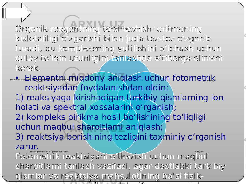 Davlattiziminiuchxilstrata -ijtimoiytabaqa– hukmdorlar, harbiylarvaishlabchiqarishdabandbo’lganmehnatkashlardonishmandboshqaruvchiguruhrahbarligidagormoniktuzumnitashkil etadilar.Organik reagentning ta’sirlashishi eritmaning kislotaliligi o‘zgarishi bilan juda tez-tez o‘zgarib turadi, bu kompleksning yutilishini o‘lchash uchun qulay to‘lqin uzunligini tanlashda e’tiborga olinishi kerak. • Elementni miqdoriy aniqlash uchun fotometrik reaktsiyadan foydalanishdan oldin: 1) reaksiyaga kirishadigan tarkibiy qismlarning ion holati va spektral xossalarini o‘rganish; 2) kompleks birikma hosil bo‘lishining to‘liqligi uchun maqbul sharoitlarni aniqlash; 3) reaktsiya borishining tezligini taxminiy o‘rganish zarur. Fotometrik reaktsiyani o‘tkazish uchun maqbul sharoitlarni tanlash vazifasi, agar dastlabki tarkibiy qismlar va reaktsiya mahsulotining ba’zi fizik- kimyoviy xossalari (kompleks Kbarq, kompleks Kdiss) allaqachon ma’lum bo‘lsa oson bo’ladi. 