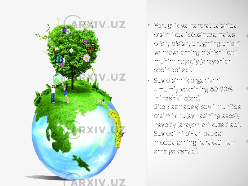 • Yorug&#39;lik va harorat ta&#39;sirida o&#39;simlikda fotosintez, nafas olish, o&#39;sish, urug&#39;ning unishi va mevalarning pishishi kabi muhim hayotiy jarayonlar sodir bo&#39;ladi. • Suv o&#39;simlik organizmi umumiy vaznining 60-90% ini tashkil etadi. Sitoplazmadagi suvli muhitda o&#39;simlik hujay-rasining asosiy hayotiy jarayonlari kuzatiladi. Suv oqimi bi-lan ozuqa moddalarning harakati ham amalga oshadi. 