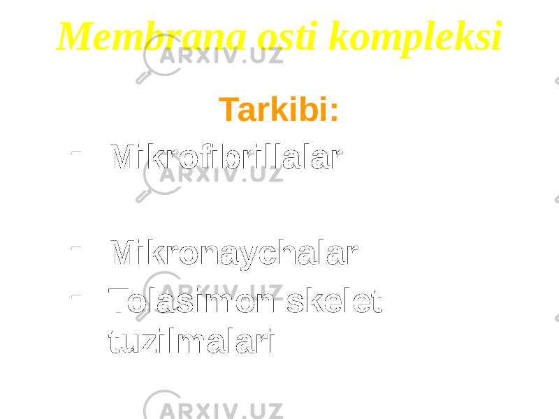 Membrana osti kompleksi Tarkibi: - Mikrofibrillalar - Mikronaychalar - Tolasimon skelet tuzilmalari 