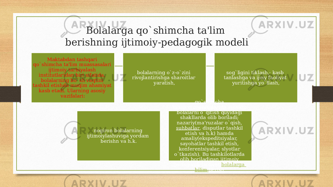 Bolalarga qo`shimcha ta&#39;lim berishning ijtimoiy-pedagogik modeli Maktabdan tashqari qo`shimcha ta&#39;lim muassasalari ijtimoiy tarbiyalash institutlaridan biri sifatida, bolalarning bo`sh vaqtini tashkil etishda muqim ahamiyat kasb etadi. Ularning asosiy vazifalari: bolalarning o`z-o`zini rivojlantirishga sharoitlar yaratish, sog`ligini tiklash,· kasb tanlashga va ijoiy faoliyat yuritishga yo`llash, nogiron bolalarning ijtimoiylashuviga yordam berishn va h.k. qo`shimcha ta&#39;lim muassasalarida asosan, bolalarni o`qitish quyidagi shakllarda olib boriladi; nazariy(ma&#39;ruzalar o`qish,  suhbatlar , disputlar tashkil etish va h.k) hamda amaliy(ekspeditsiyalar, sayohatlar tashkil etish, konferentsiyalar, slyotlar o`tkazish). Bu tashkilotlarda olib boriladigan ijtimoiy pedagogik faoliyat  bolalarga bilim berish , 