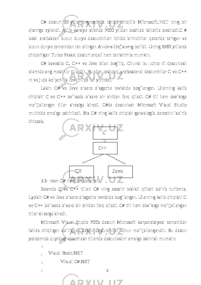 C# dasturi 90-yillarning oxirida ishlab chiqilib Microsoft.NET ning bir qismiga aylandi. Al`fa versiya sifatida 2000 yildan boshlab ishlatila boshladi.C # bosh arxitektori butun dunyo dasturchilari ichida birinchilar qatorida to’rgan va butun dunyo tomonidan tan olingan Anders Hejlsberg bo`ldi. Uning 1980 yillarda chiqarilgan Turbo Paskal dasturi orqali ham tanishimiz mumkin. C# bevosita C, C++ va Java bilan bog`liq. Chunki bu uchta til dasturlash olamida eng mashhur tillardir. Bundan tashqari professional dasturchilar C va C++ ni va juda ko`pchilik Java tilida ish yuritadi. Lekin C# va Java o`zaro o`zgacha ravishda bog`langan. Ularning kelib chiqishi C va C++ bo`lsada o`zaro bir biridan farq qiladi. C# tili ham obe`ktga mo`ljallangan tillar sirasiga kiradi. C#da dasturlash Microsoft Visual Studio muhitida amalga oshiriladi. Biz C# ning kelib chiqish genealogik daraxtini ko`rib chiqsak. C# Java 1.3- rasm C# rivojlanish tarixi . Rasmda C va C++ tillari C# ning asosini tashkil qilishi ko`rib turibmiz. Lyokin C# va Java o`zaro o`zgacha ravishda bog`langan. Ularning kelib chiqishi C va C++ bo`lsada o`zaro bir biridan farq qiladi. C# tili ham obe`ktga mo`ljallangan tillar sirasiga kiradi. Microsoft Visual Studio 2005 dasturi Microsoft korporatsiyasi tomonidan ishlab chiqilgan bo`lib, bu dastur dasturchilar uchun mo`ljallangandir. Bu dastur yordamida quyidagi dasturlash tillarida dasturlashni amalga oshirish mumkin: Visual Basic.NET Visual C#.NET 9 C++ C 